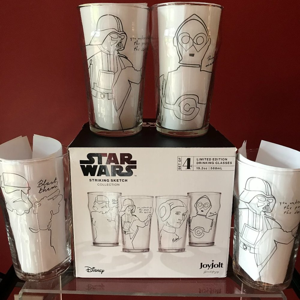 Star Wars JoyJolt Striking Sketch Glasses Darth Vader C3P0 Trooper set of 4 NIB